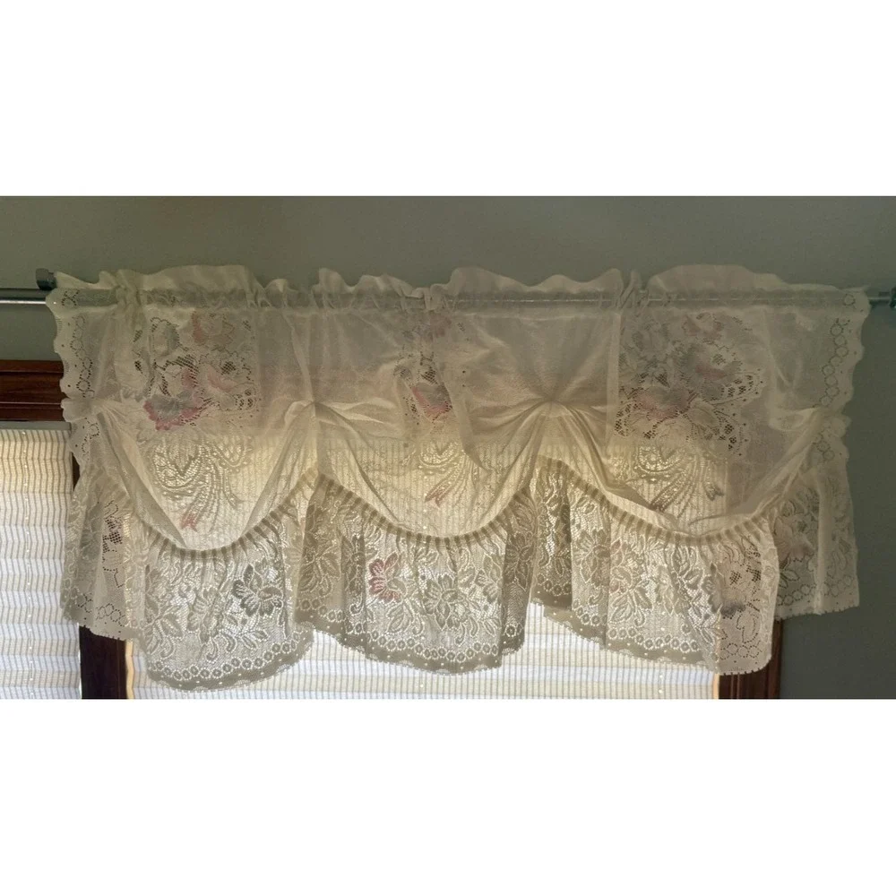 Vintage Ivory Lace Window Valance Pink Floral Satin Swag Cottage Shabby Chic 1